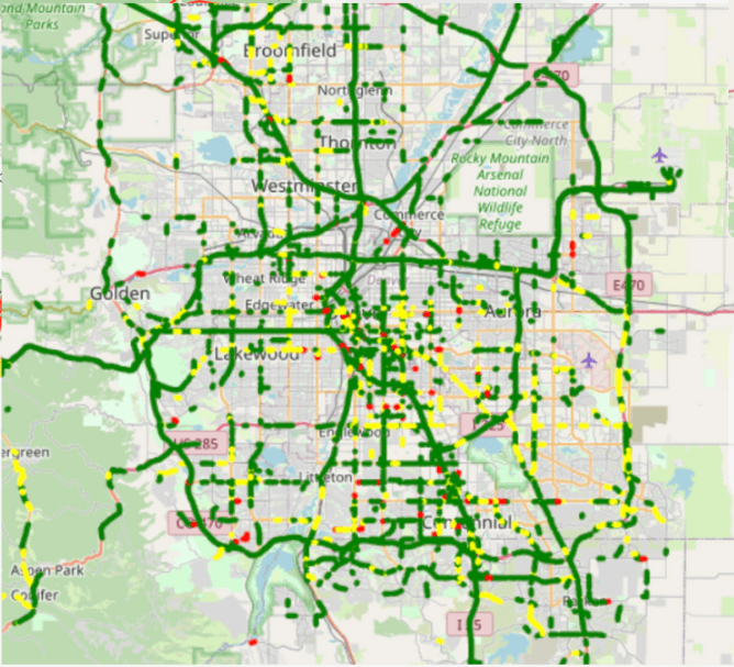 NIRA Friction Data Plotted over Map of Greater Denver