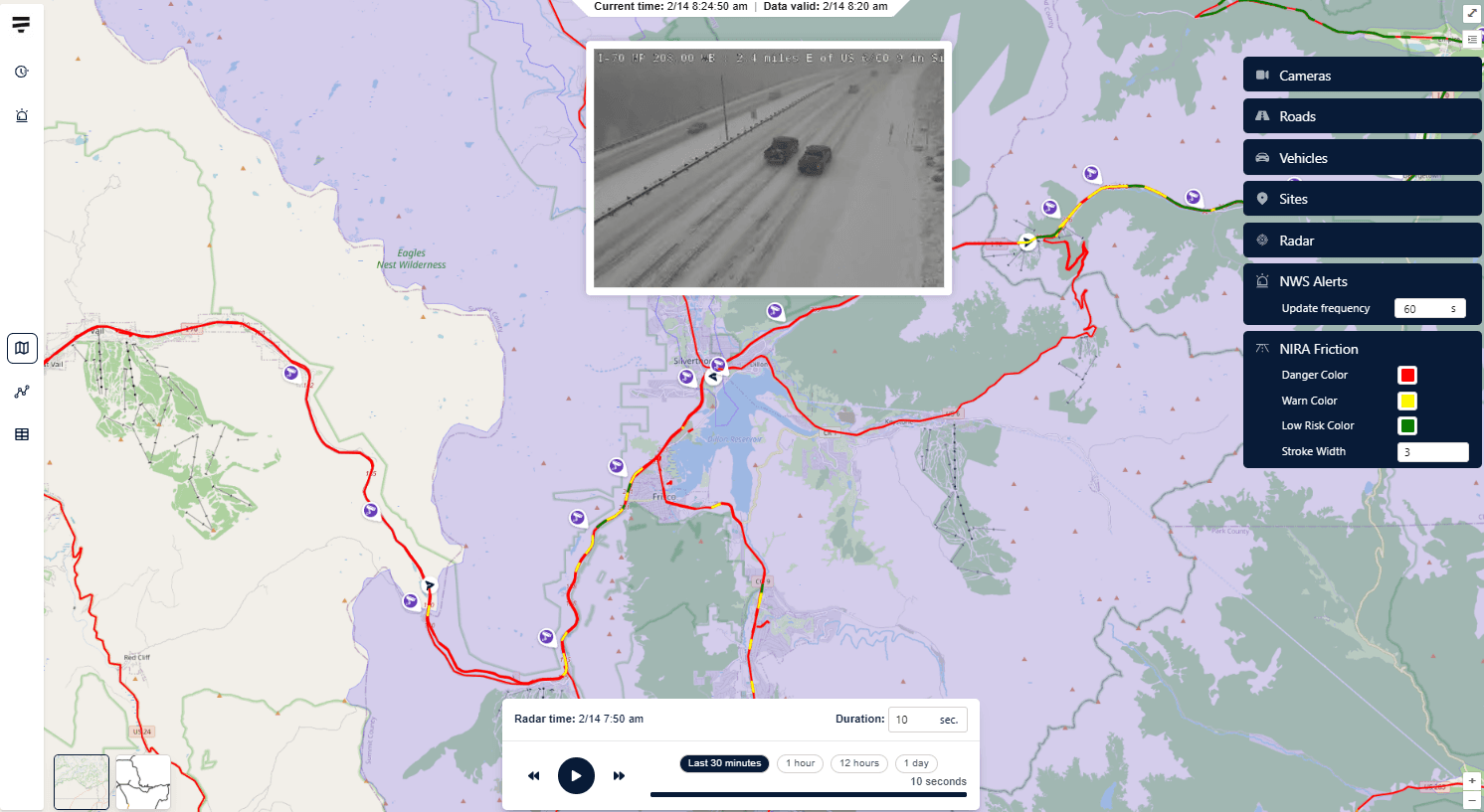 Snowstorm Camera Network on Map with NIRA Friction Data Plotted